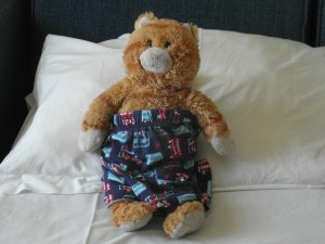 M's trusty friend "Cat", came on holiday with us and the maids made M smile by dressing him in M's pjs